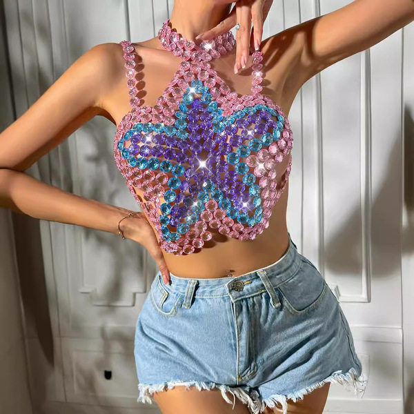 Colorful Rhinestone Embellished Crop Top Rave Top with Backless Design