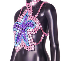 Colorful Rhinestone Embellished Crop Top Rave Top with Backless Design - Thumbnail 6