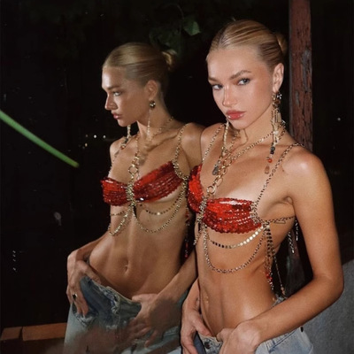 Red beaded bralette with multi-layered gold chain festival party clubwear