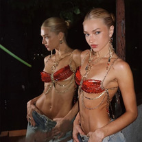Red Beaded Bralette With Multi-layered Gold Chain Festival Party Clubwear