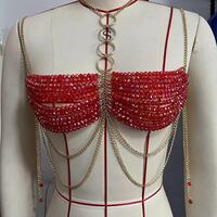 Red Beaded Bralette With Multi-layered Gold Chain Festival Party Clubwear - Thumbnail 1