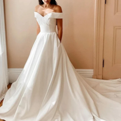 Pretty off the shoulder white satin long prom dresses