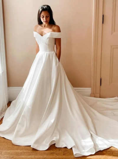 Pretty Off The Shoulder White Satin Long Prom Dresses