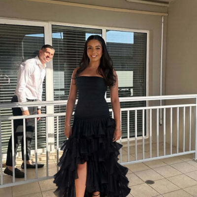 A line strapless tiered black long formal prom dress