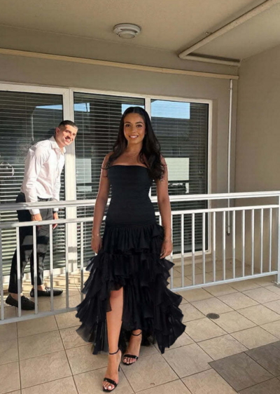 A Line Strapless Tiered Black Long Formal Prom Dress