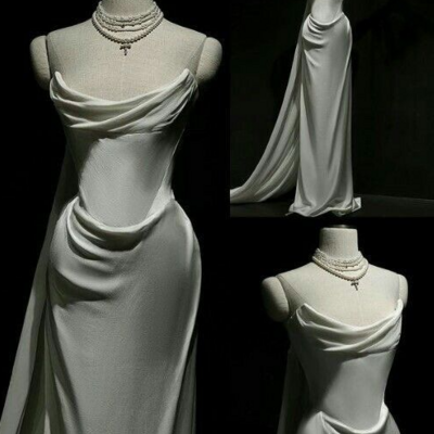 Strapless white satin long wedding dresses with ruffles