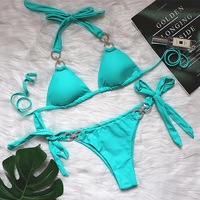 New Sexy Bikini Set Swimwear Rhinestone Lace Up Halter Neck Summer Bikini Set - Thumbnail 6