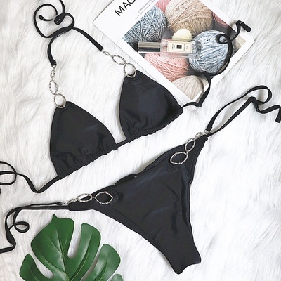 New sexy metal rhinestones women's two-piece swimsuit solid color strap swimsuit