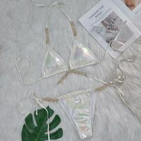 Women Sexy Halter Shiny Diamond Swimwear Female Swimsuit Laser Metallic Bikini Set - Thumbnail 1