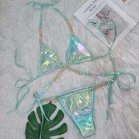 Women Sexy Halter Shiny Diamond Swimwear Female Swimsuit Laser Metallic Bikini Set - Thumbnail 2
