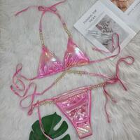 Women Sexy Halter Shiny Diamond Swimwear Female Swimsuit Laser Metallic Bikini Set - Thumbnail 3