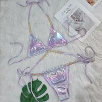 Women Sexy Halter Shiny Diamond Swimwear Female Swimsuit Laser Metallic Bikini Set - Thumbnail 4