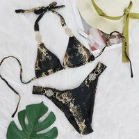  Women Swimwear Snake Print Halter Diamond Bikini Set - Thumbnail 3