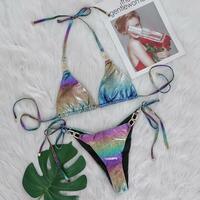 Colorful Shiny Gradient Snakeskin Print Rhinestones Beach Bikinis Set - Thumbnail 2