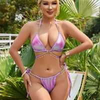 Women Sexy Halter Shiny Diamond Swimwear Female Swimsuit Laser Metallic Bikini Set - Thumbnail 8