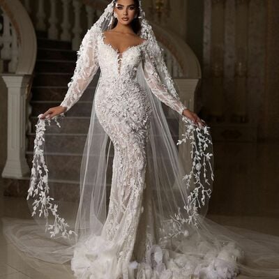 Luxury wedding dress, mermaid lace appliques long sleeve afrcian girls bridal dress bridal gown