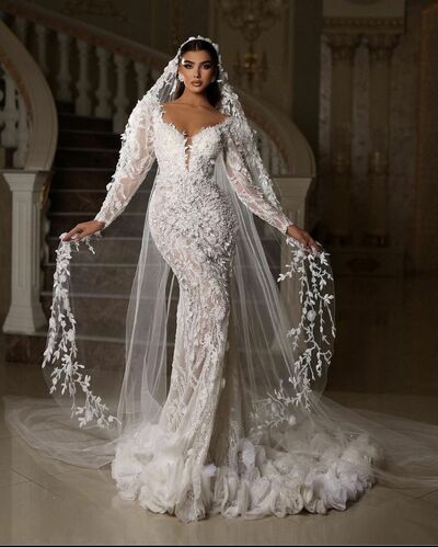 Luxury Wedding Dress, Mermaid Lace Appliques Long Sleeve Afrcian Girls Bridal Dress Bridal Gown