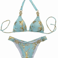 Women Swimwear Snake Print Halter Diamond Bikini Set - Thumbnail 5