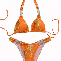  Women Swimwear Snake Print Halter Diamond Bikini Set - Thumbnail 6