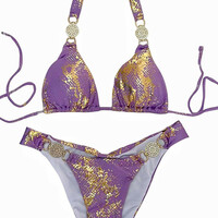  Women Swimwear Snake Print Halter Diamond Bikini Set - Thumbnail 7