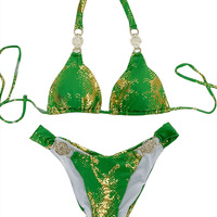  Women Swimwear Snake Print Halter Diamond Bikini Set - Thumbnail 8