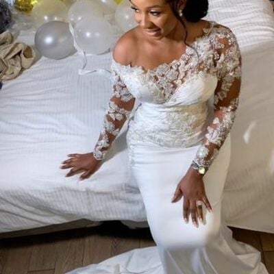 Luxury wedding dress, mermaid lace appliques long sleeve afrcian girls bridal dress bridal gown - Thumbnail 1