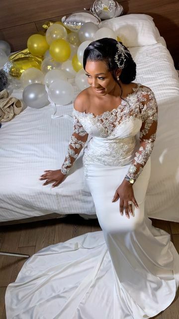 Luxury Wedding Dress, Mermaid Lace Appliques Long Sleeve Afrcian Girls Bridal Dress Bridal Gown