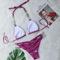 Women Swimwear Female Swimsuit Snake Printed Halter Rhinestone Diamond Bikini  - Thumbnail 1