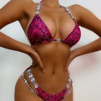 Women Swimwear Female Swimsuit Snake Printed Halter Rhinestone Diamond Bikini  - Thumbnail 2