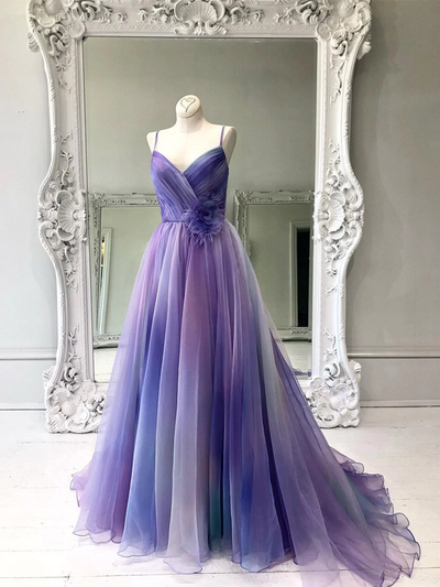 Spaghetti Straps Ombre Prom Dresses Designer Colorful Long Evening Dress With Ruffles Formal Gowns,1158