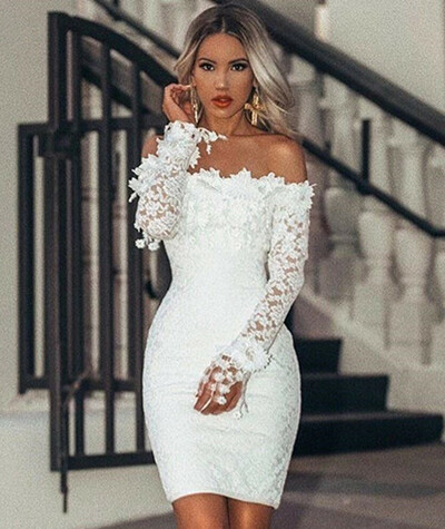 Hollow Out Floral White Lace Dresses Off Shoulder Strapless Mini Dress Women Pencil Bodycon Party Dress,1159