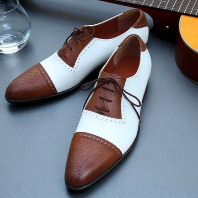 Crafted leather classic brown white leather oxford lace up dress formal shoes - Thumbnail 2