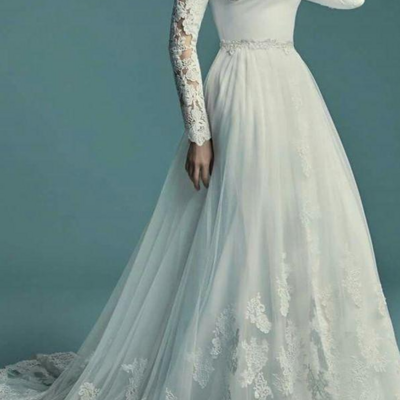 Mermaid country modest long sleeves wedding dress with lace tulle buttons back  - Thumbnail 1
