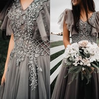 Grey Prom Dresses Full Length with Appliques Pears - Thumbnail 1