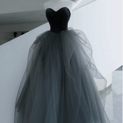 Strapless black tulle prom gown with flowing skirt  - Thumbnail 1