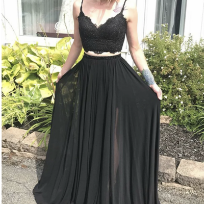Two piece prom dresses black with beading