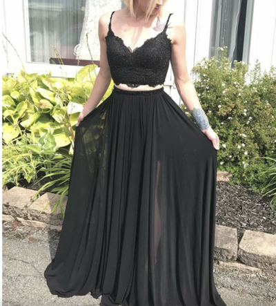 Two Piece Prom Dresses Black with Beading