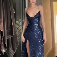 Sheath Spaghetti Straps Slit Navy Blue Sequin Prom Dresses - Thumbnail 1
