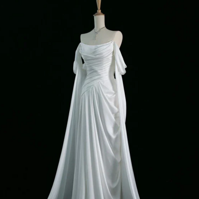 Off the shoulder a line white satin long prom dresses