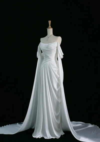 Off The Shoulder A Line White Satin Long Prom Dresses