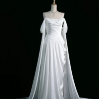 Off The Shoulder A Line White Satin Long Prom Dresses - Thumbnail 1