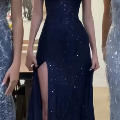 Sheath spaghetti straps slit navy blue sequin prom dresses