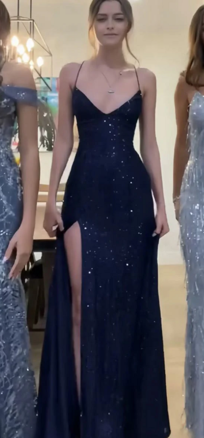 Sheath Spaghetti Straps Slit Navy Blue Sequin Prom Dresses