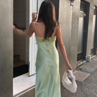 Charming Spaghetti Straps Green Satin Long Prom Dress with Slit - Thumbnail 2