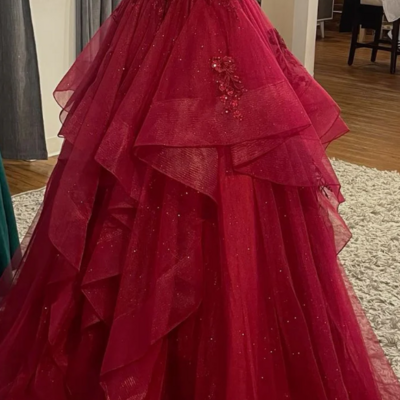 Shinny tulle a-line burgundy long prom dresses - Thumbnail 1