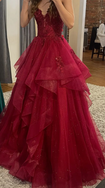 Shinny Tulle A-Line Burgundy Long Prom Dresses