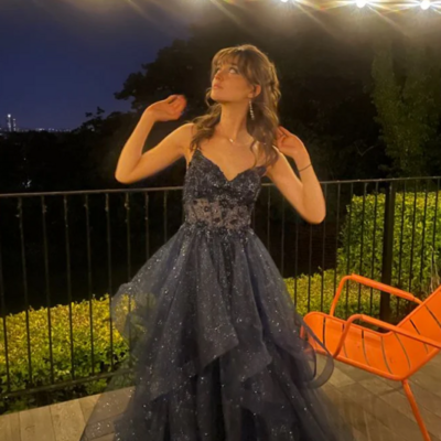 Straps tulle a-line long prom dress with lace - Thumbnail 1