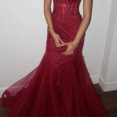 Mermaid v neck tulle burgundy prom dress with lace  - Thumbnail 1