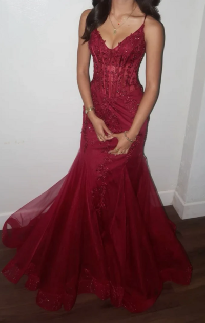 Mermaid V Neck Tulle Burgundy Prom Dress With Lace 