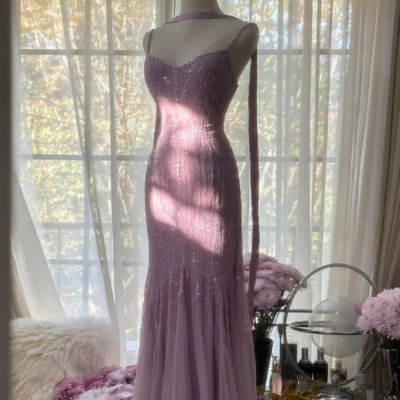 Elegant spaghetti strap purple tulle sequin prom dress - Thumbnail 2